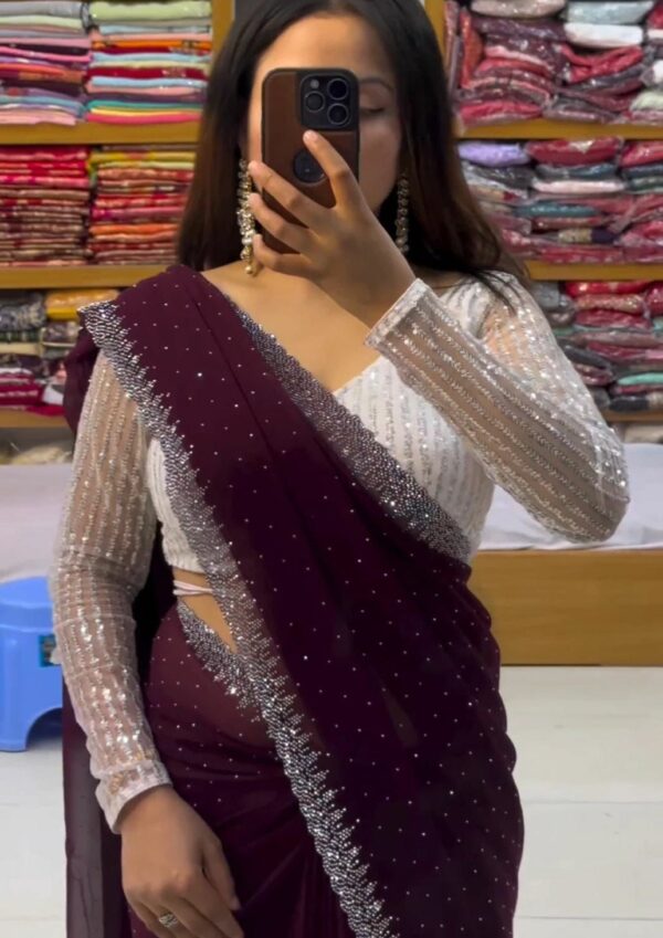 Luxury Wine Handcrafted Chiffon Saree – Super Soft Bridal & Partywear Ensemble (Free Size)