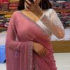 Graceful Onion Pink Handcrafted Chiffon Saree – Ultra-Soft Bridal & Partywear Drape (Free Size)