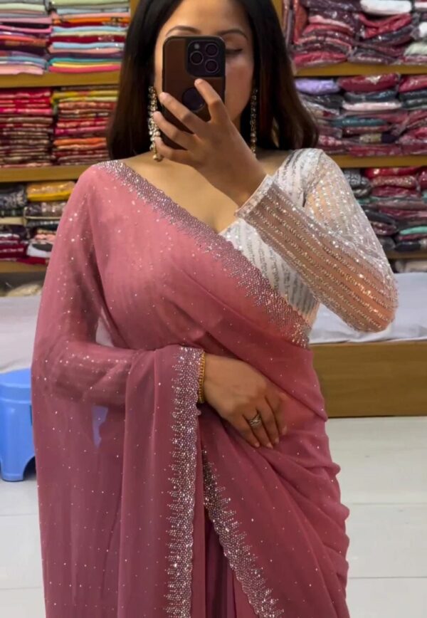 Graceful Onion Pink Handcrafted Chiffon Saree – Ultra-Soft Bridal & Partywear Drape (Free Size)