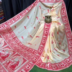 Royal Elegance Cream & Red Handcrafted Bishnupuri Silk Saree
