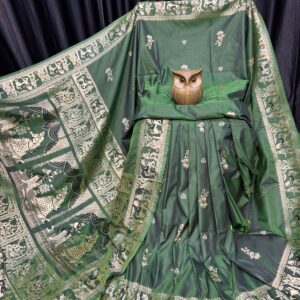 Olive Reverie – Handcrafted Bishnupuri Silk Saree with Golden Accents