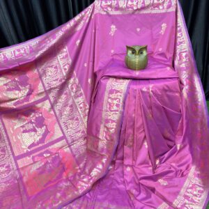 Fuchsia Flame – Handcrafted Bishnupuri Silk Saree with Golden Accents