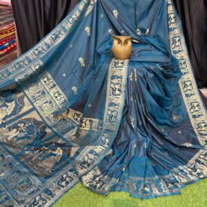 Regal Radiance Deep Blue & Gold Handcrafted Bishnupuri Silk Saree