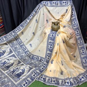 Serenity Bloom Cream & Blue Handcrafted Bishnupuri Silk Saree