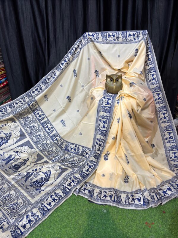 Serenity Bloom Cream & Blue Handcrafted Bishnupuri Silk Saree