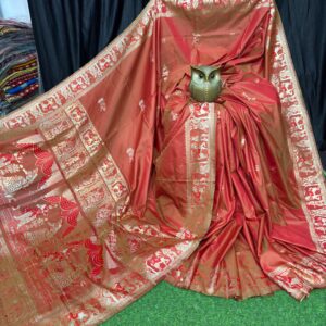 Heritage Flame Earthy Red & Gold Handcrafted Bishnupuri Silk Saree