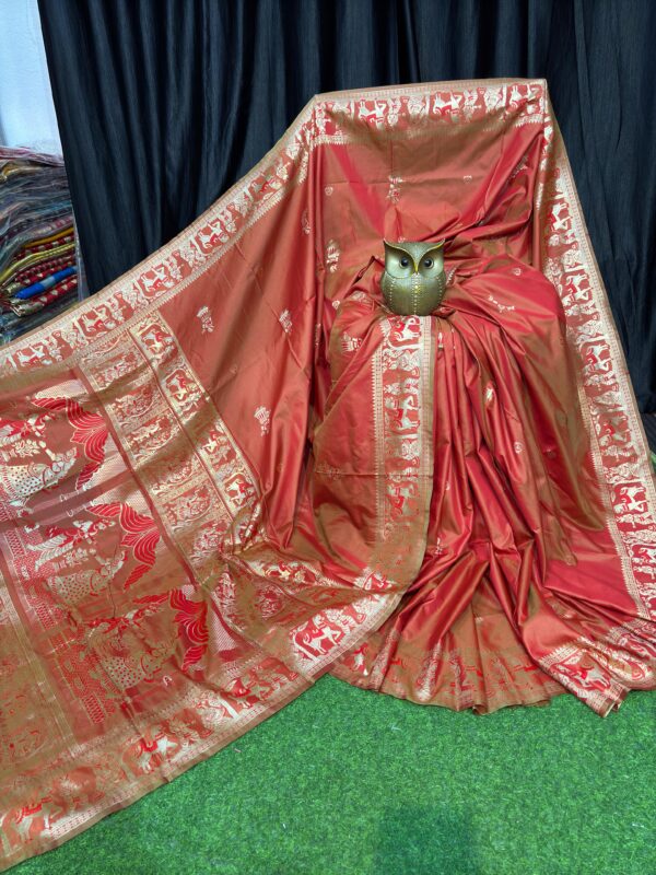 Heritage Flame Earthy Red & Gold Handcrafted Bishnupuri Silk Saree