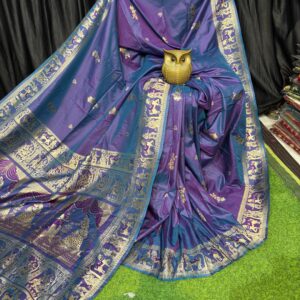 Handcrafted Deep Purple Bishnupuri Silk Saree with Golden Embellishments