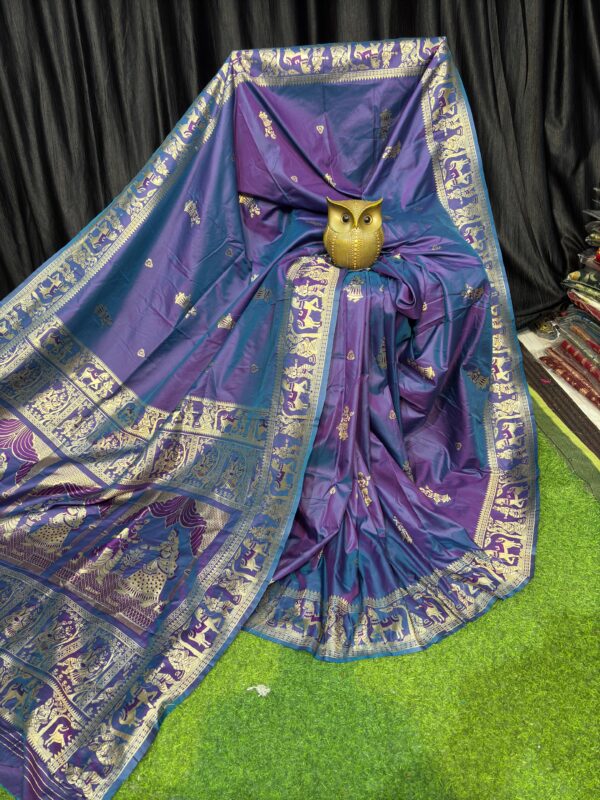 Handcrafted Deep Purple Bishnupuri Silk Saree with Golden Embellishments