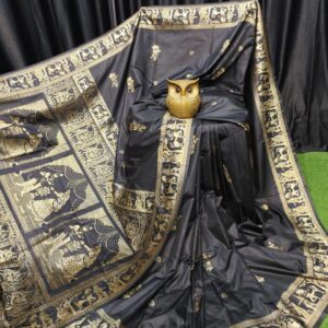 Midnight Majesty – Black & Gold Handcrafted Bishnupuri Silk Saree
