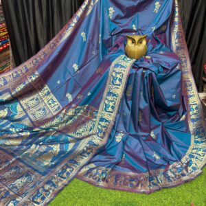 Indigo Aura – Handcrafted Bishnupuri Silk Saree with Golden Detailing