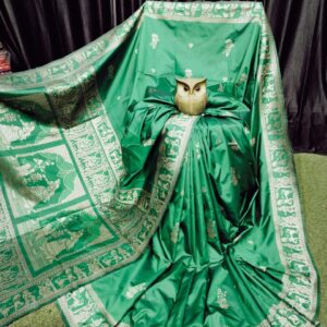 Forest Glade – Handcrafted Bishnupuri Silk Saree with Golden Accents