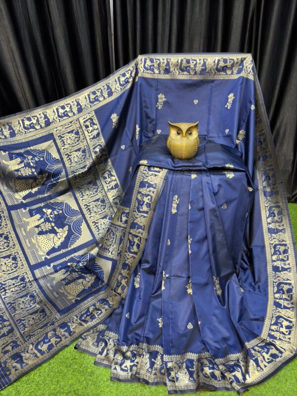 Handcrafted Deep Blue Bishnupuri Silk Saree with Golden Detailing