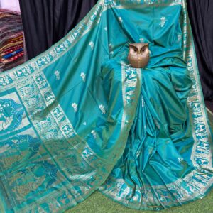Opal Grace Handcrafted Bishnupuri Silk Saree in Tiffany Blue & Gold