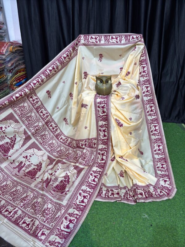 Maroon Whisper Cream & Maroon Handcrafted Bishnupuri Silk Saree