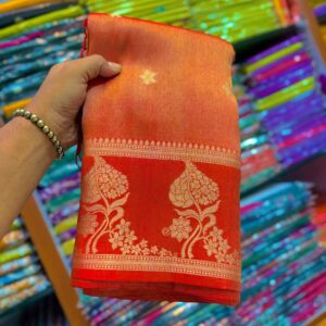 Regal Reddish-Orange Handwoven Tissue Banarasi Saree with Gold Zari – With Blouse Piece