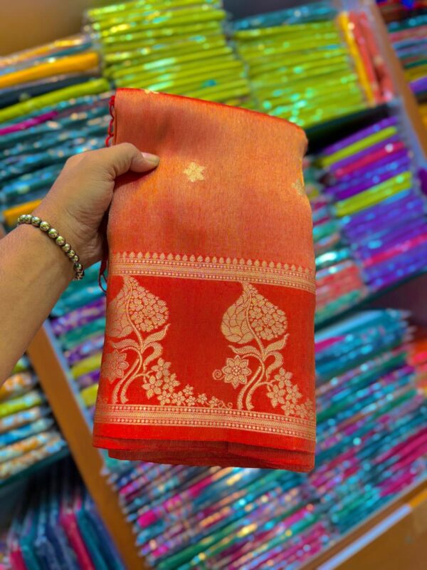 Regal Reddish-Orange Handwoven Tissue Banarasi Saree with Gold Zari – With Blouse Piece