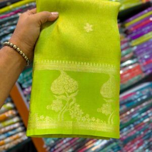 Radiant Parrot Green Handcrafted Tissue Silk Banarasi Saree with Intricate Gold Zari Detailing