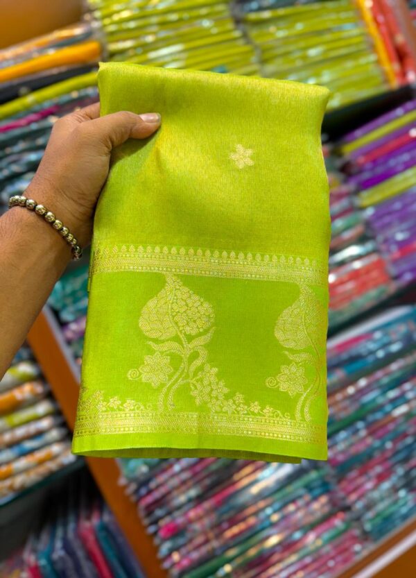 Radiant Parrot Green Handcrafted Tissue Silk Banarasi Saree with Intricate Gold Zari Detailing