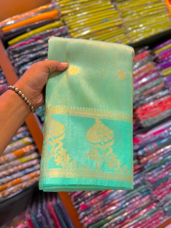 Elegant Aqua Green Handcrafted Tissue Banarasi Saree with Intricate Gold Zari Work & Blouse Piece
