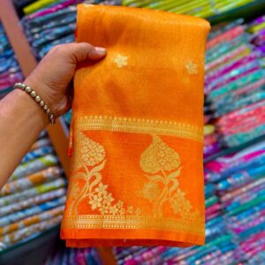 Radiant Marigold Orange Handwoven Tissue Banarasi Saree with Blouse – Golden Zari Elegance