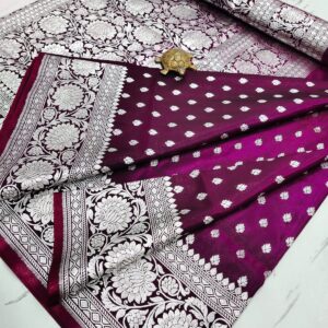 Majestic Maroon Handcrafted Satin Banarasi Saree with Heavy Silver Zari & Matching Blouse Piece