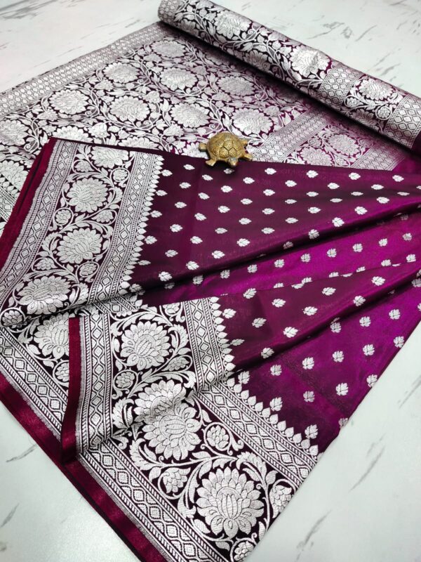 Majestic Maroon Handcrafted Satin Banarasi Saree with Heavy Silver Zari & Matching Blouse Piece