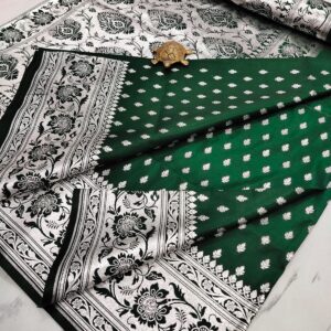 Regal Green Handcrafted Pure Satin Banarasi Saree with Heavy Silver Zari Border & Matching Blouse Piece