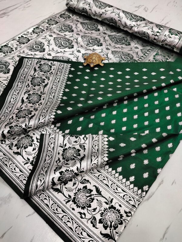 Regal Green Handcrafted Pure Satin Banarasi Saree with Heavy Silver Zari Border & Matching Blouse Piece