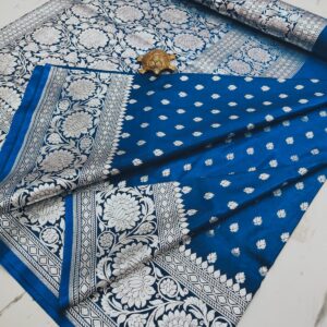 Indigo Allure: Handcrafted Pure Satin Banarasi Saree with Heavy Silver Zari & Matching Blouse Border