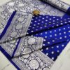 Navy Elegance: Handcrafted Satin Banarasi Saree with Heavy Silver Zari & Blouse