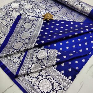 Navy Elegance: Handcrafted Satin Banarasi Saree with Heavy Silver Zari & Blouse
