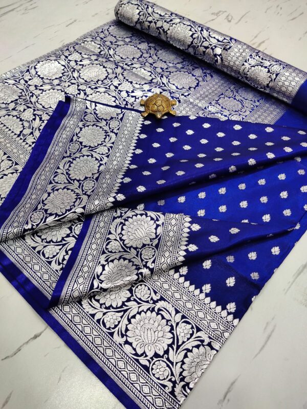 Navy Elegance: Handcrafted Satin Banarasi Saree with Heavy Silver Zari & Blouse