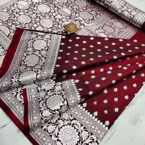 Royal Maroon Handcrafted Pure Satin Banarasi Saree with Heavy Silver Zari & Blouse Border Detailing