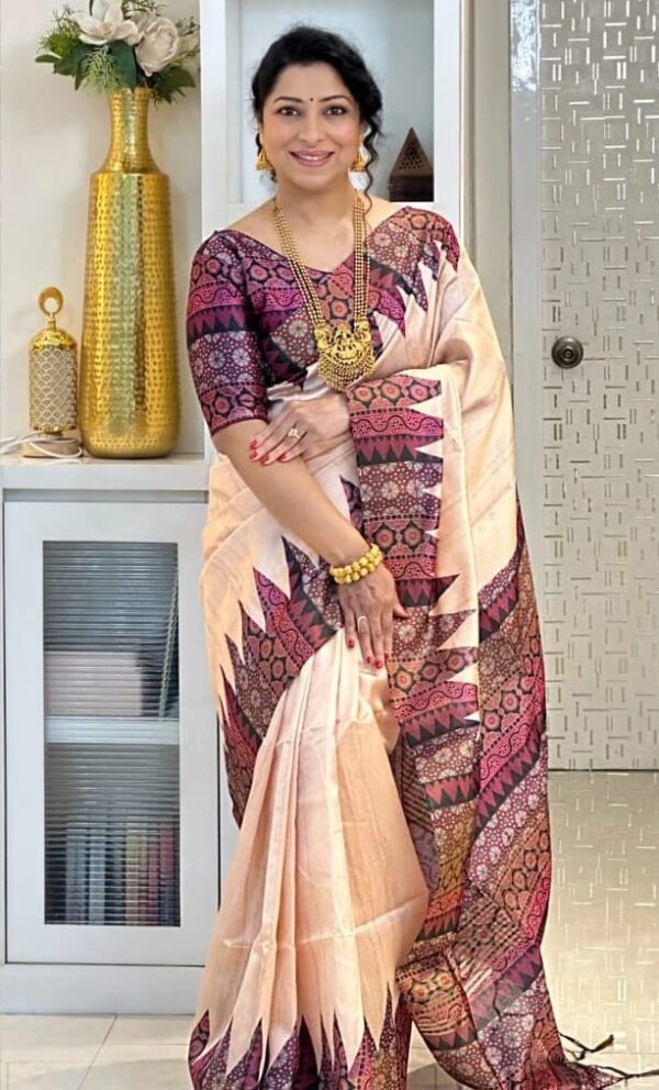 Handcrafted Peach Tussar Silk Saree with Maroon & Purple Accents | Includes Blouse Piece