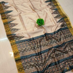 Handcrafted Peach Tussar Silk Saree with Intricate Dark Teal, Black & Mustard Pallu | Includes Blouse Piece