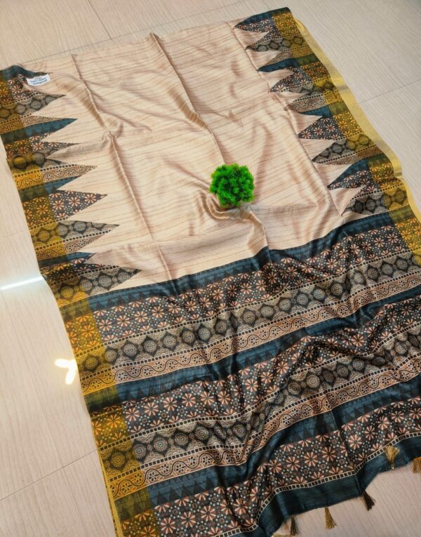 Handcrafted Peach Tussar Silk Saree with Intricate Dark Teal, Black & Mustard Pallu | Includes Blouse Piece