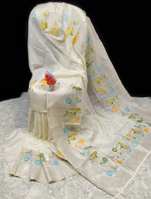 Handcrafted Off-White Paithani Silk Linen Saree with All-Over Butti & Blouse Piece