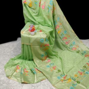 Elegant Handwoven Green Paithani Silk Linen Saree with Intricate Butti Work & Blouse Piece