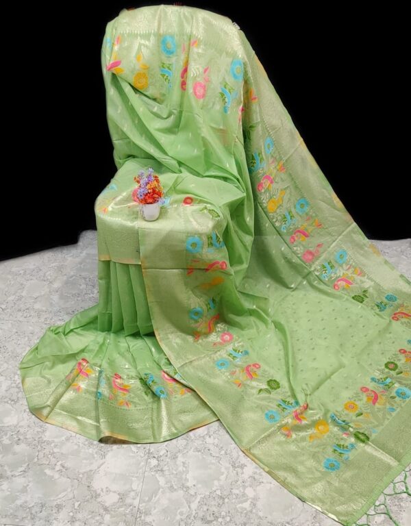 Elegant Handwoven Green Paithani Silk Linen Saree with Intricate Butti Work & Blouse Piece