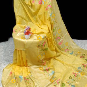 Sunlit Elegance: Handwoven Yellow Paithani Silk Linen Saree with Butti Work & Blouse Piece