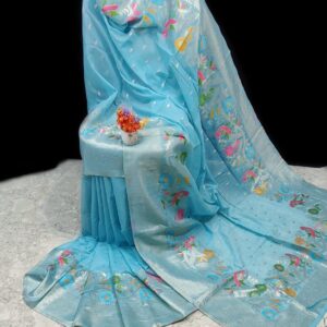 Handwoven Sky Blue Paithani Silk Linen Saree with All-Over Butti & Blouse Piece – Premium Soft Finish