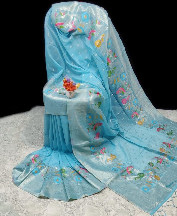 Handwoven Sky Blue Paithani Silk Linen Saree with All-Over Butti & Blouse Piece – Premium Soft Finish