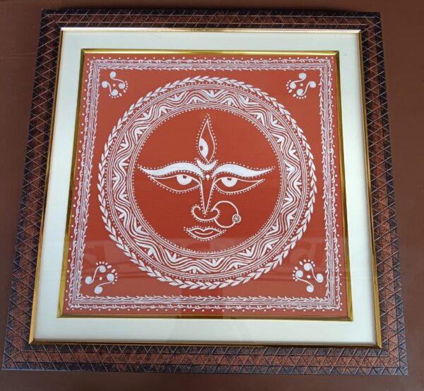 Divine Devi Face in Aipan Folk Art | Hand-Painted Canvas from Uttarakhand | 36cm Wall Frame with Wooden Finish