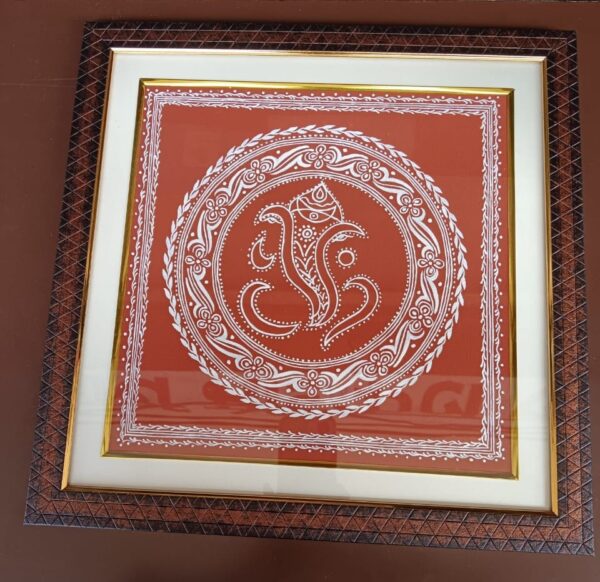 Hand-Painted Lord Ganesha Aipan Art on Canvas | Traditional Uttarakhand Folk Art with Wooden Frame