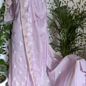 Handcrafted Lavender Kota Doria Embroidered Suit Set with Cotton Bottom – 2.5m Fabric
