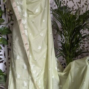 Handcrafted Light Green Kota Doria Embroidered Suit Set with Pure Cotton Bottom – 2.5m Fabric