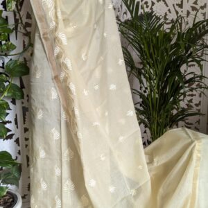 Elegant Cream Handcrafted Kota Doria Suit Set with Intricate Embroidery & Cotton Bottom – 2.5m