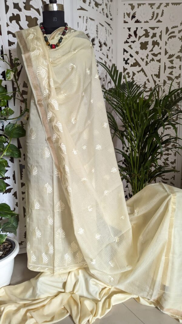Elegant Cream Handcrafted Kota Doria Suit Set with Intricate Embroidery & Cotton Bottom – 2.5m