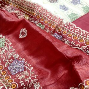 Elegant Handcrafted Crushed Silk Suit – Cream & Maroon with Intricate Stone & Thread Embellishments